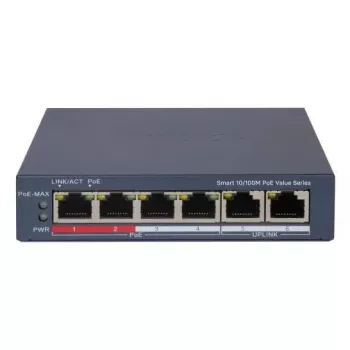 Tinklo komutatorius Hikvision DS-3E1106P-EI — 6 prievadų PoE eterneto komutatorius, nevaldomas, 10/100 Mbps