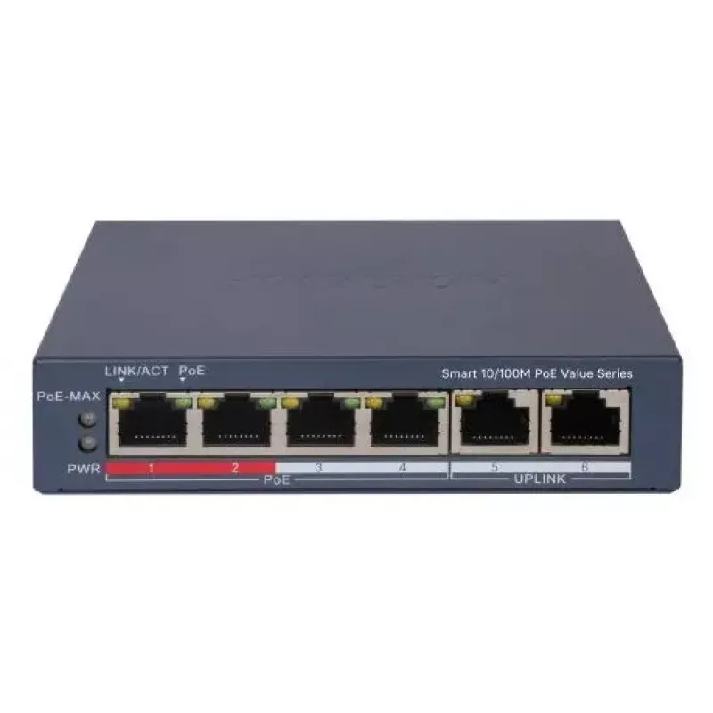 Tinklo komutatorius Hikvision DS-3E1106P-EI — 6 prievadų PoE eterneto komutatorius, nevaldomas, 10/100 Mbps