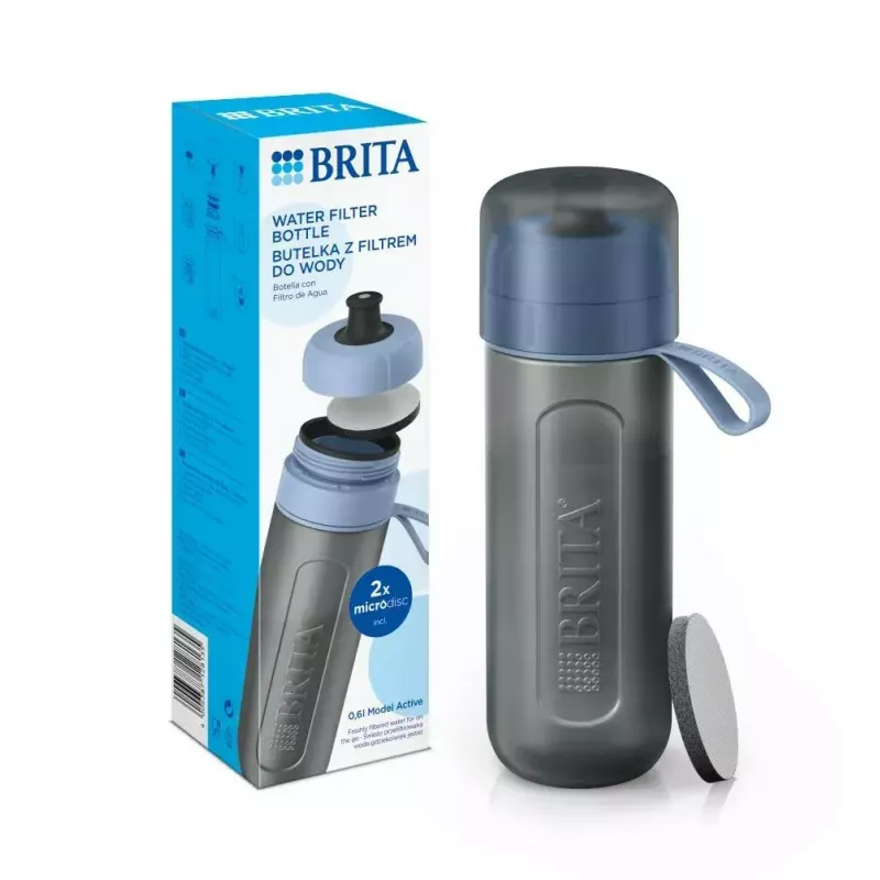 Filtruojantis butelis BRITA Active 600 ml Pastelinė mėlyna su 2 MicroDisc filtrais, plastikinis, be BPA, 233 mm