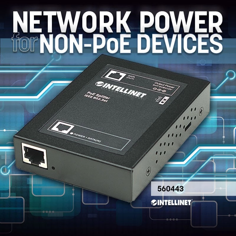Intellinet maitinimas per Ethernet (PoE+) skirstytuvas, IEEE802.3at, 5, 7,5, 9 arba 12 V nuolatinės srovės išvesties įtampa