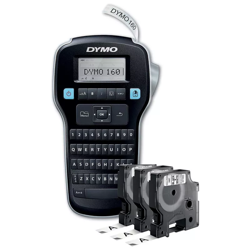 DYMO LabelManager 160 etikečių gamintojo pradinis rinkinys su 3 D1 etikečių juostos ritinėliais | Rankinis etikečių spausdintuvas | QWERTY klaviatūra | Tinka biurui ar namams