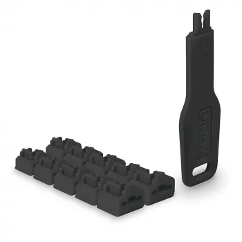 Prievadų blokatorių rinkinys Lindy RJ45 Port Locks Juoda — 10 vnt. + 1 raktas, suderinama su RJ-45 prievadais