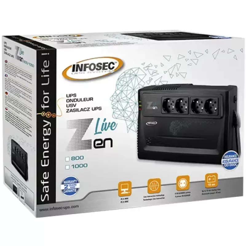 Nepertraukiamo maitinimo šaltinis Infosec Zen Live 800 Line-Interactive 0,8 kVA (480 W) 4 AC lizdai, 12 V 7 Ah baterija