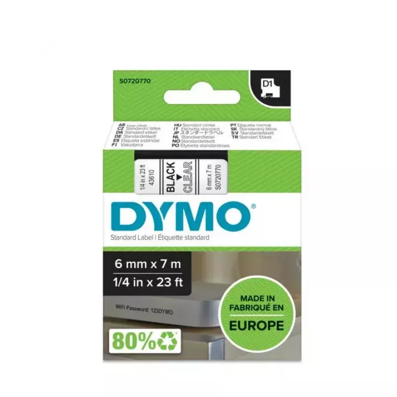 DYMO autentiškos D1 etiketės | Juodas spaudinys ant skaidrios juostos | 6 mm x 7 m | Lipnios etiketės, skirtos LabelManager etikečių gamintojams | Pagaminta Europoje