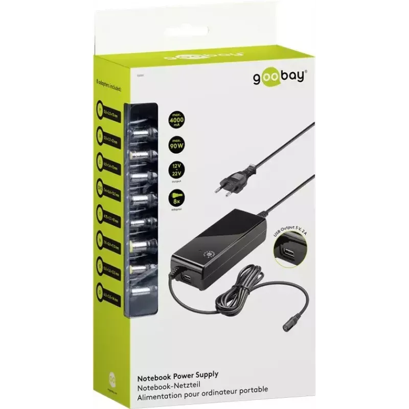 Goobay 90 W nešiojamojo kompiuterio maitinimo šaltinis, juodas, vidinis, 100–240 V