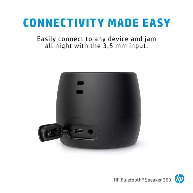 HP Black Bluetooth Speaker 360, laidinis ir belaidis, mono nešiojamas garsiakalbis, juodas, cilindro formos, su mygtukais, universalus