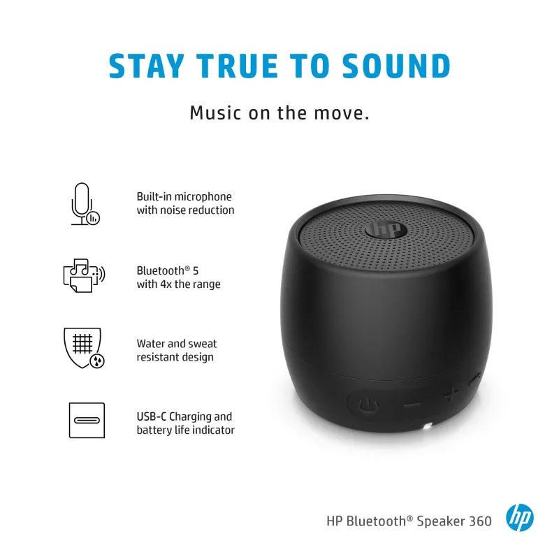 HP Black Bluetooth Speaker 360, laidinis ir belaidis, mono nešiojamas garsiakalbis, juodas, cilindro formos, su mygtukais, universalus