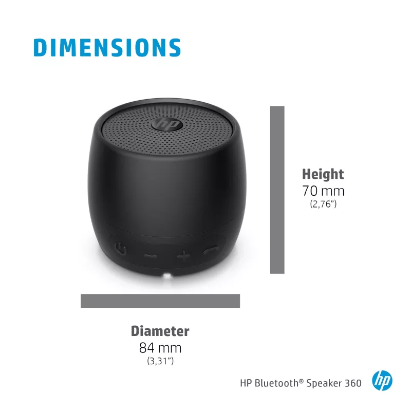 HP Black Bluetooth Speaker 360, laidinis ir belaidis, mono nešiojamas garsiakalbis, juodas, cilindro formos, su mygtukais, universalus