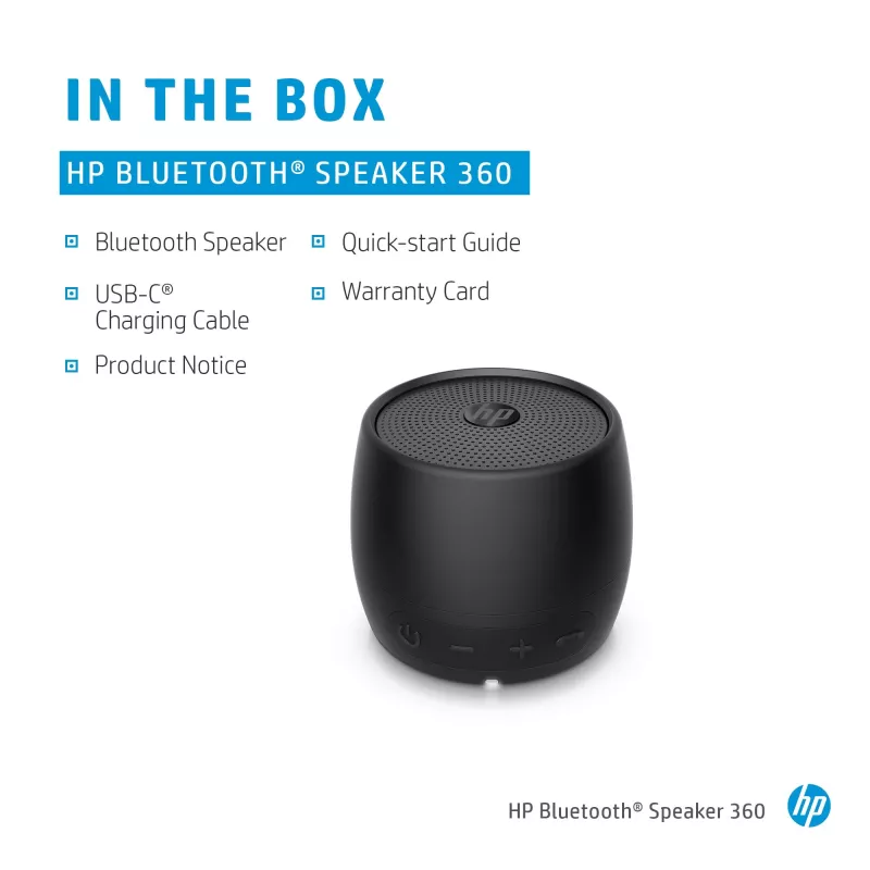 HP Black Bluetooth Speaker 360, laidinis ir belaidis, mono nešiojamas garsiakalbis, juodas, cilindro formos, su mygtukais, universalus