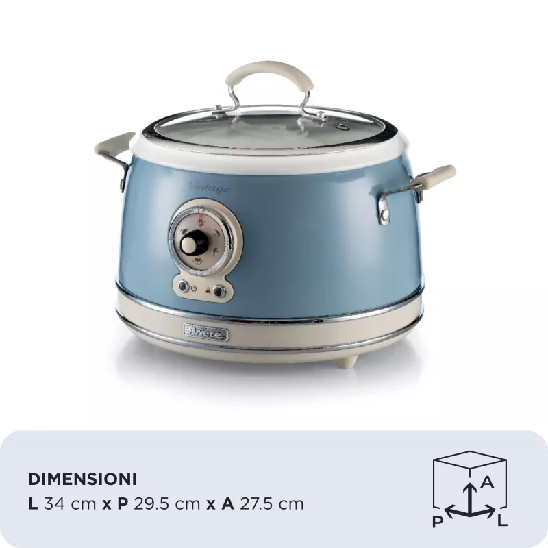 Ariete 2904 Ryžių viryklė - Elektrinė ryžių viryklė su keramikiniu dubeniu - Naminiai sušiai - Multiviryklė - Vintage linija - 3,5 L - 650 W - Mėlyna