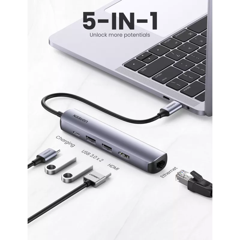Ugreen 10919 nešiojamojo kompiuterio dokas / prievadų replikatorius Laidinis USB 3.2 Gen 1 (3.1 Gen 1) Type-C Pilka