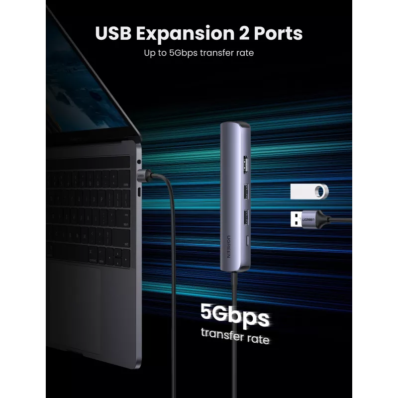 Ugreen 10919 nešiojamojo kompiuterio dokas / prievadų replikatorius Laidinis USB 3.2 Gen 1 (3.1 Gen 1) Type-C Pilka