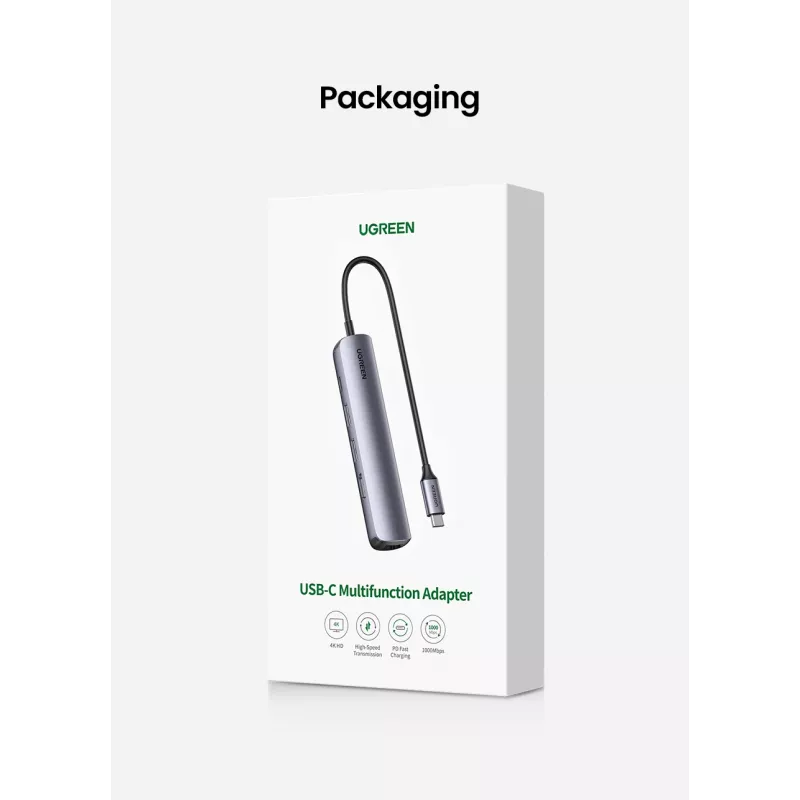 Ugreen 10919 nešiojamojo kompiuterio dokas / prievadų replikatorius Laidinis USB 3.2 Gen 1 (3.1 Gen 1) Type-C Pilka