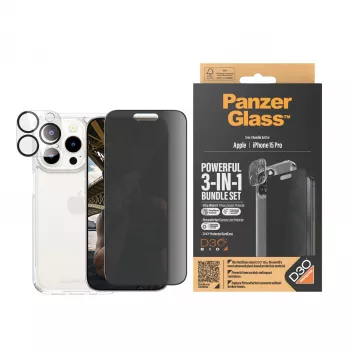 PanzerGlass Privacy 3-in-1 Pack iPhone 15 Pro smūgiams atsparus grūdintas stiklas
