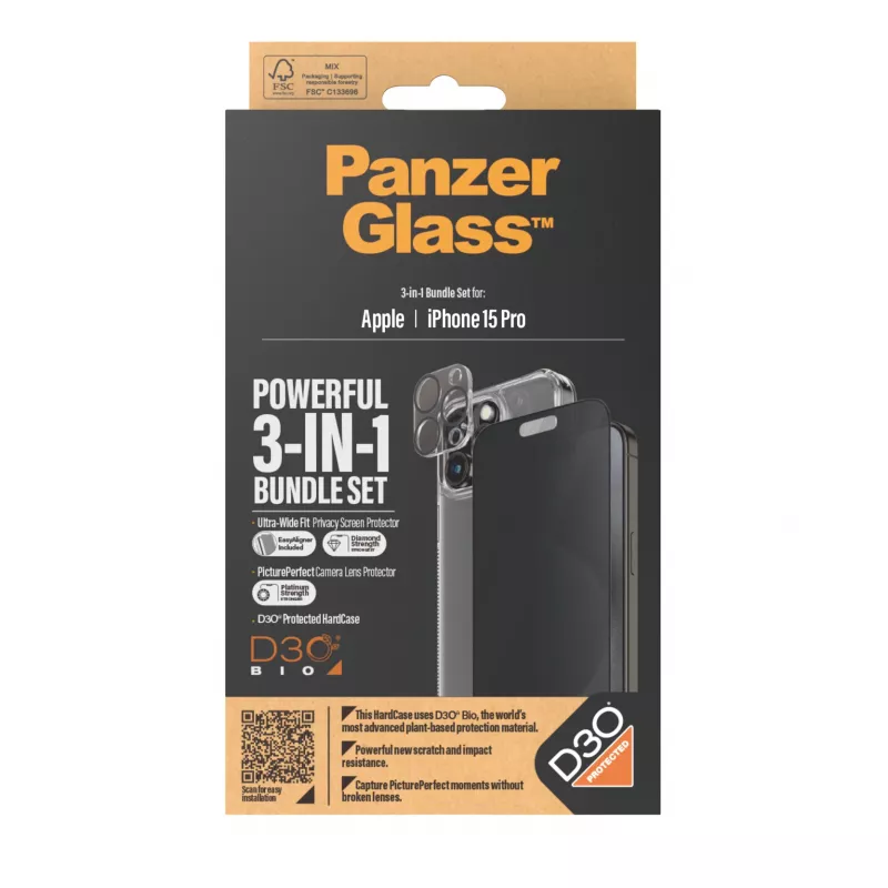 PanzerGlass Privacy 3-in-1 Pack iPhone 15 Pro smūgiams atsparus grūdintas stiklas