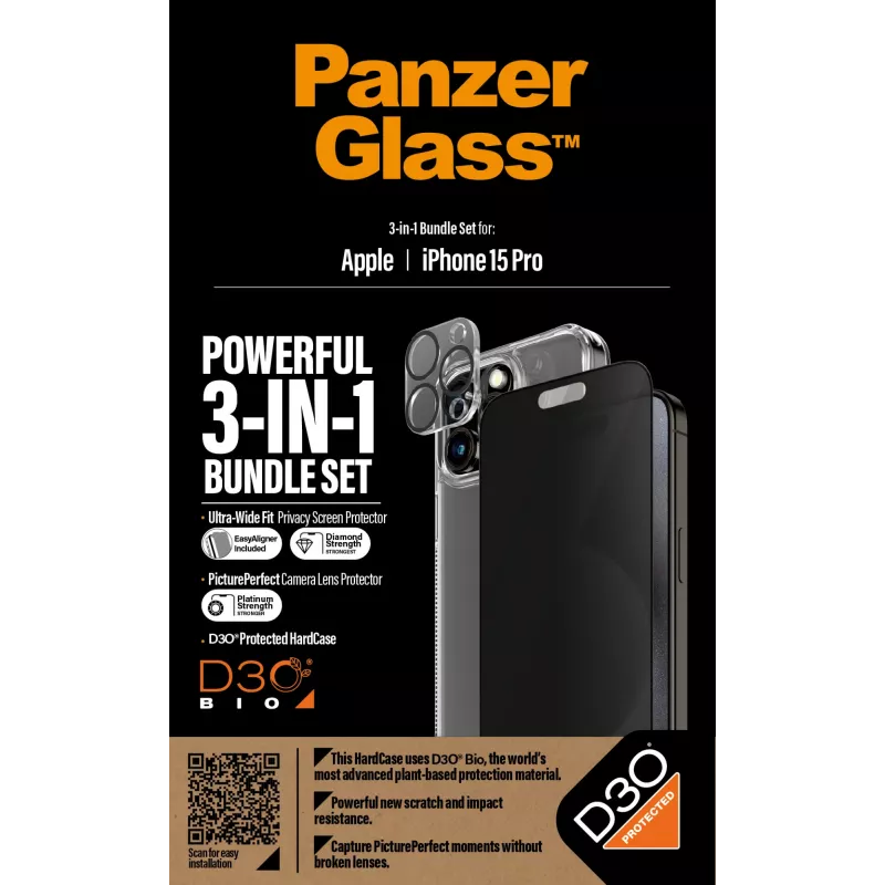 PanzerGlass Privacy 3-in-1 Pack iPhone 15 Pro smūgiams atsparus grūdintas stiklas