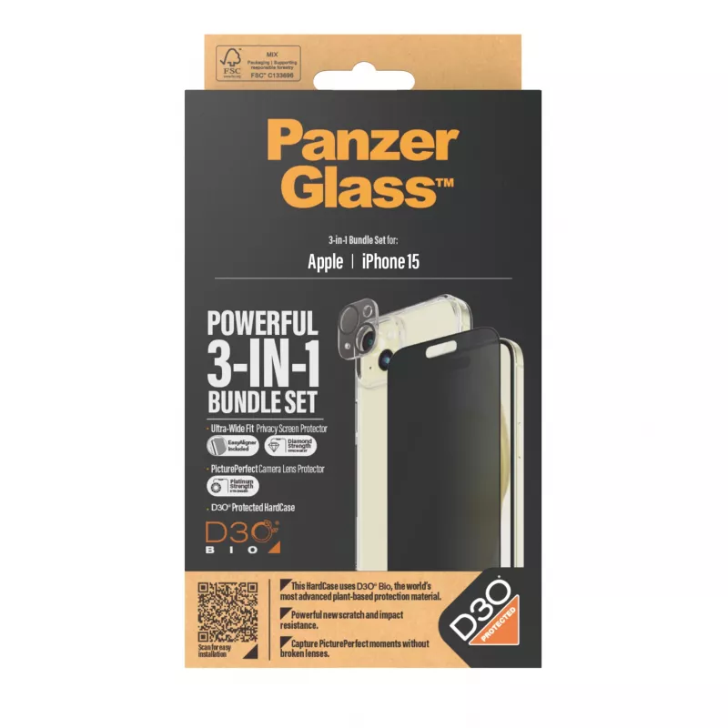 PanzerGlass ® Privacy 3-in-1 Pack iPhone 15 smūgiams atsparus grūdintas stiklas