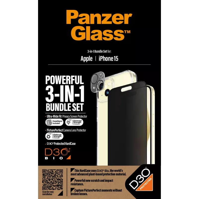 PanzerGlass ® Privacy 3-in-1 Pack iPhone 15 smūgiams atsparus grūdintas stiklas