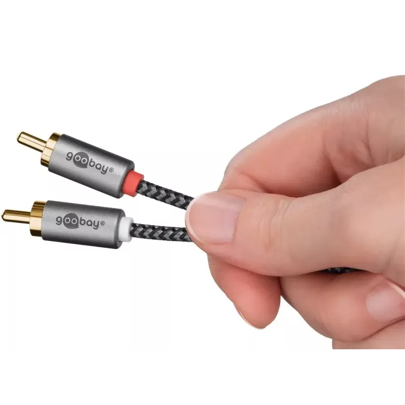 Garso kabelis WENTRONIC Goobay 65290 — 3,5 mm kištukas į 2×RCA kištuką, 5 m, varinis, paauksuotas, magnetiškai ekranuotas
