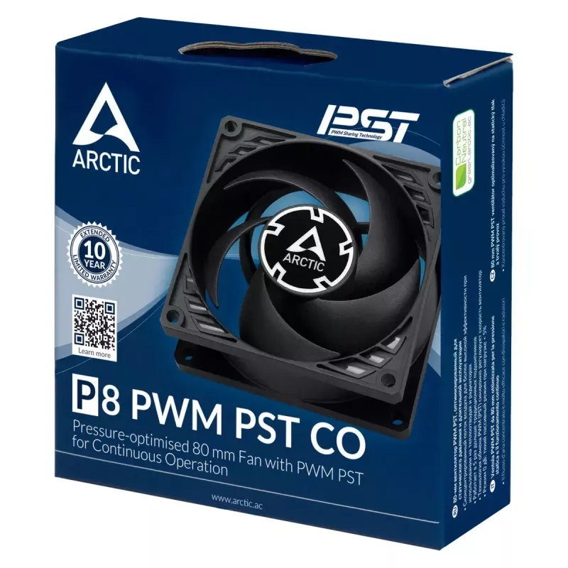 ARCTIC P8 PWM PST CO - Slėgiui optimizuotas 80 mm ventiliatorius su PWM PST, skirtas nuolatiniam darbui