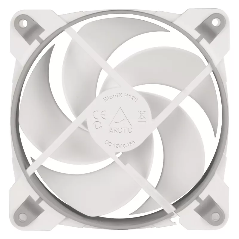 ARCTIC BioniX P120 (Pilka/Balta) – Slėgiui optimizuotas 120 mm žaidimų ventiliatorius su PWM PST