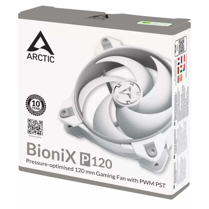 ARCTIC BioniX P120 (Pilka/Balta) – Slėgiui optimizuotas 120 mm žaidimų ventiliatorius su PWM PST