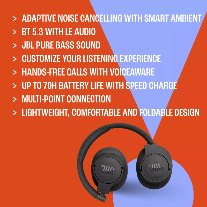 JBL Tune 770NC ausinės su laidu ir belaidžiu ryšiu, ant galvos, skambučiams/muzikai, USB Type-C, Bluetooth, juodos spalvos