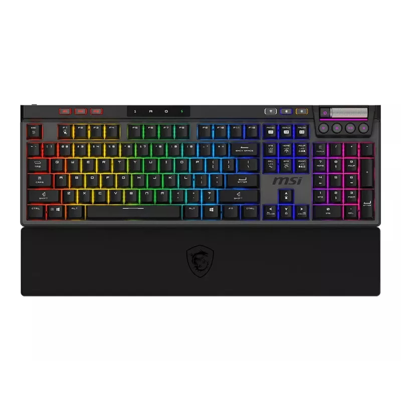 Mechaninė žaidimų klaviatūra MSI STRIKE PRO WIRELESS — pilno dydžio, USB + Bluetooth, RGB, QWERTY US, juoda