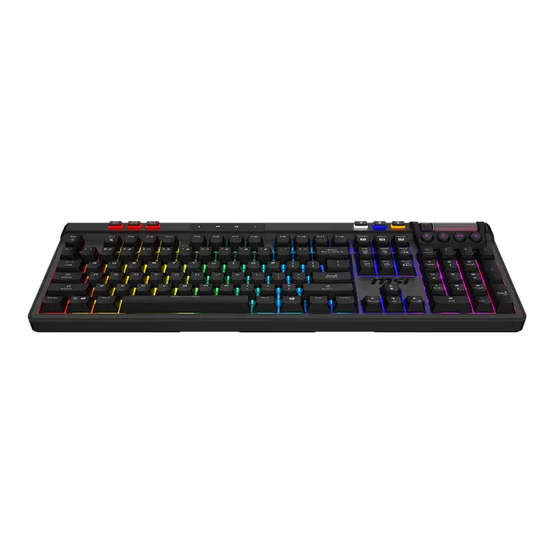 Mechaninė žaidimų klaviatūra MSI STRIKE PRO WIRELESS — pilno dydžio, USB + Bluetooth, RGB, QWERTY US, juoda