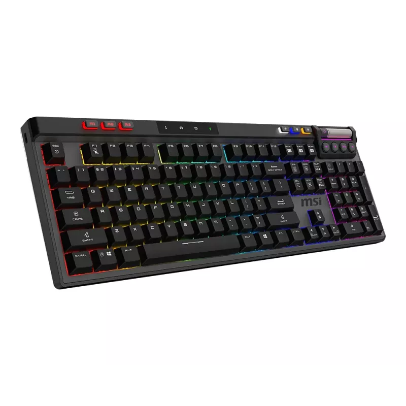 Mechaninė žaidimų klaviatūra MSI STRIKE PRO WIRELESS — pilno dydžio, USB + Bluetooth, RGB, QWERTY US, juoda