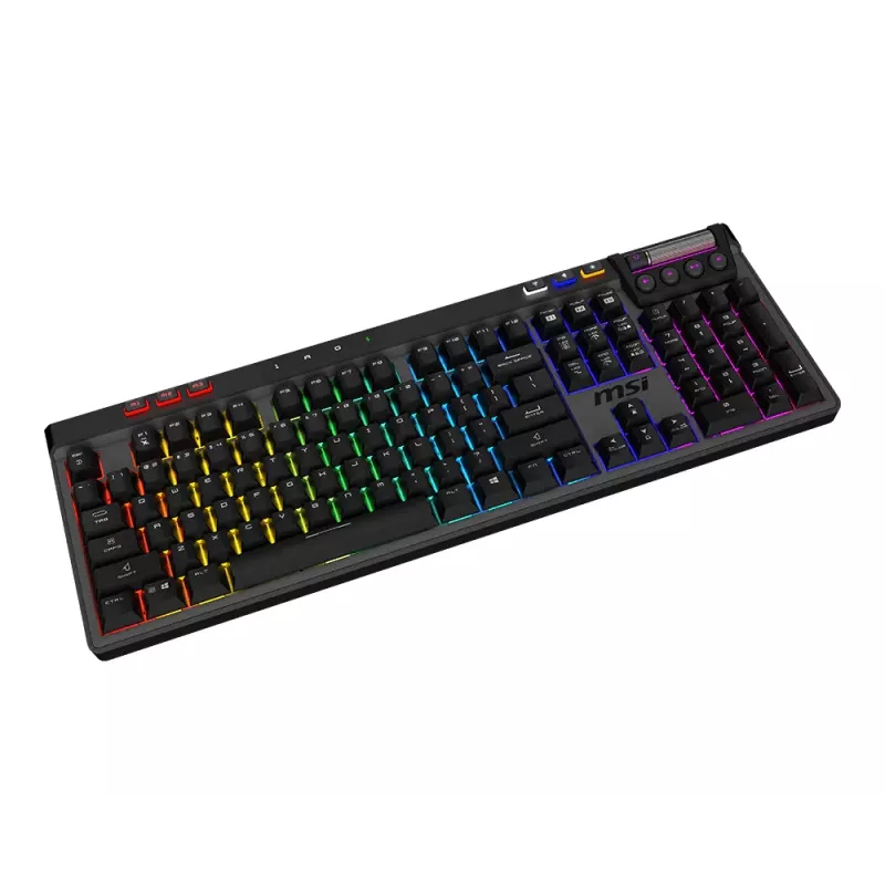 Mechaninė žaidimų klaviatūra MSI STRIKE PRO WIRELESS — pilno dydžio, USB + Bluetooth, RGB, QWERTY US, juoda