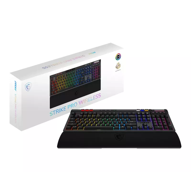 Mechaninė žaidimų klaviatūra MSI STRIKE PRO WIRELESS — pilno dydžio, USB + Bluetooth, RGB, QWERTY US, juoda