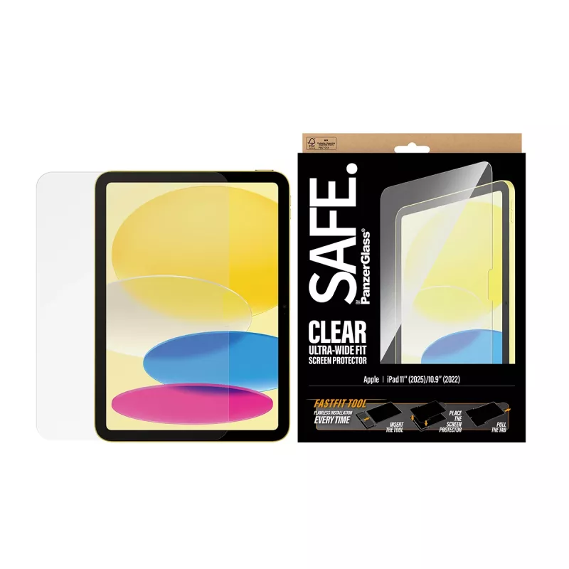 PanzerGlass SAFE. by ® ekrano apsauga iPad 11 col. (2025-2026) | 10.9 col. (2022) | Ultra-Wide Fit su Fastfit įrankiu