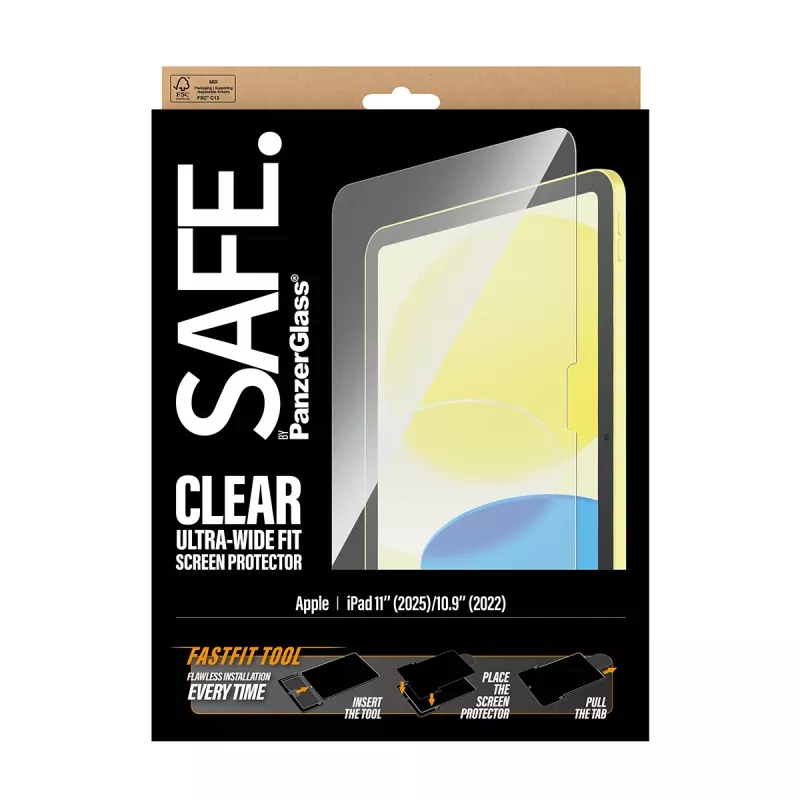 PanzerGlass SAFE. by ® ekrano apsauga iPad 11 col. (2025-2026) | 10.9 col. (2022) | Ultra-Wide Fit su Fastfit įrankiu