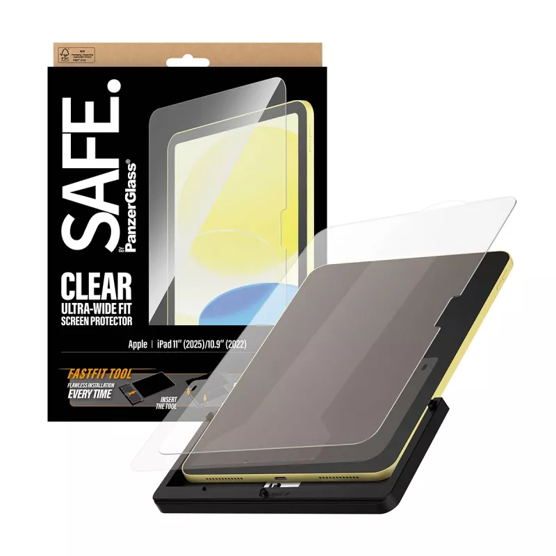 PanzerGlass SAFE. by ® ekrano apsauga iPad 11 col. (2025-2026) | 10.9 col. (2022) | Ultra-Wide Fit su Fastfit įrankiu