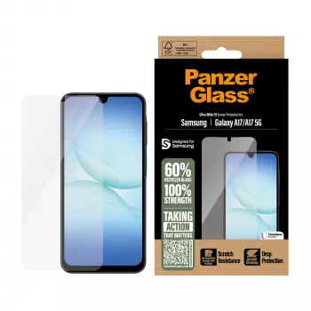 PanzerGlass ekrano apsauga Samsung Galaxy A17 / A17 5G — itin platus pritaikymas, PET+silikonas, atspari įbrėžimams ir smūgiams