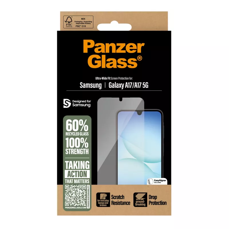 PanzerGlass ekrano apsauga Samsung Galaxy A17 / A17 5G — itin platus pritaikymas, PET+silikonas, atspari įbrėžimams ir smūgiams