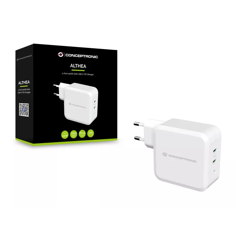 Conceptronic ALTHEA 2 prievadų 100 W GaN USB-C PD įkroviklis, vidinis, kintamosios srovės, 5 V, 5 A, balta
