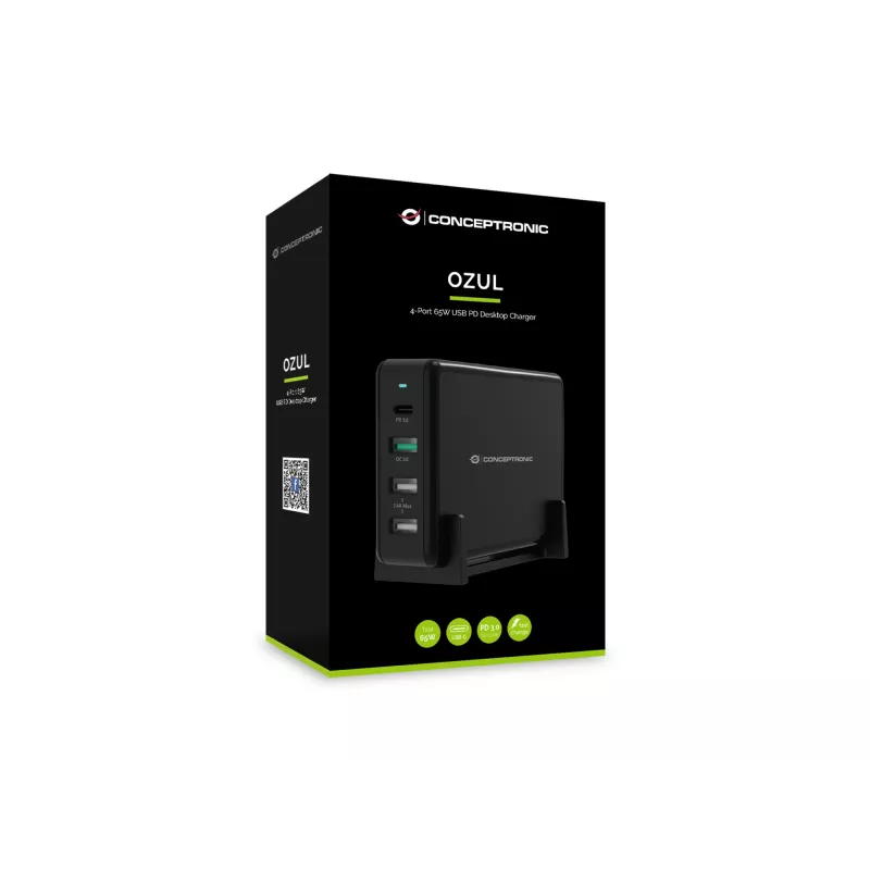 Conceptronic OZUL 4-Port 65W USB PD Desktop Charger, Indoor, AC, 5 V, Juoda