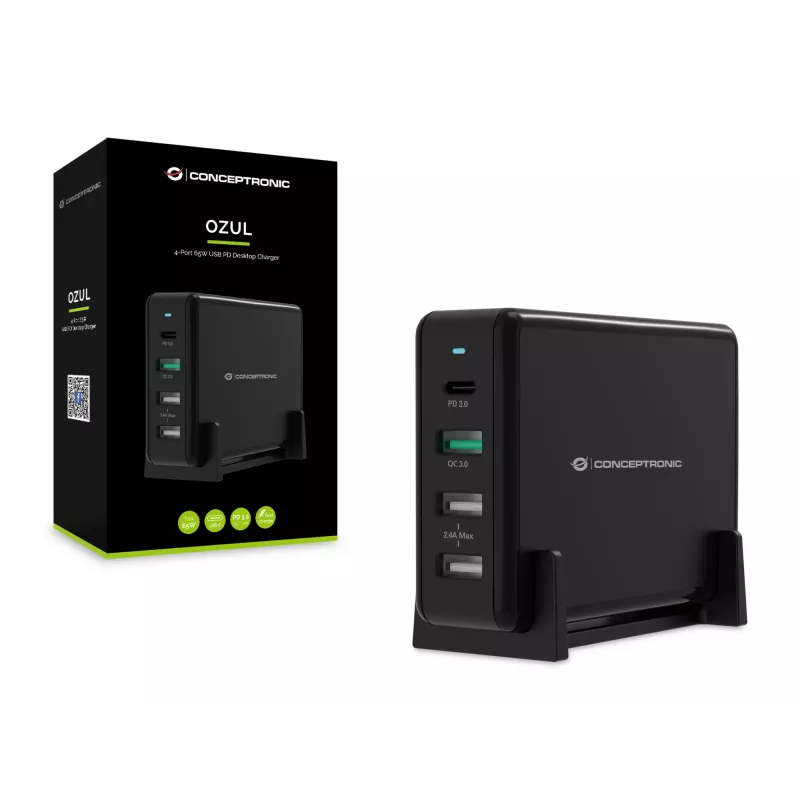 Conceptronic OZUL 4-Port 65W USB PD Desktop Charger, Indoor, AC, 5 V, Juoda