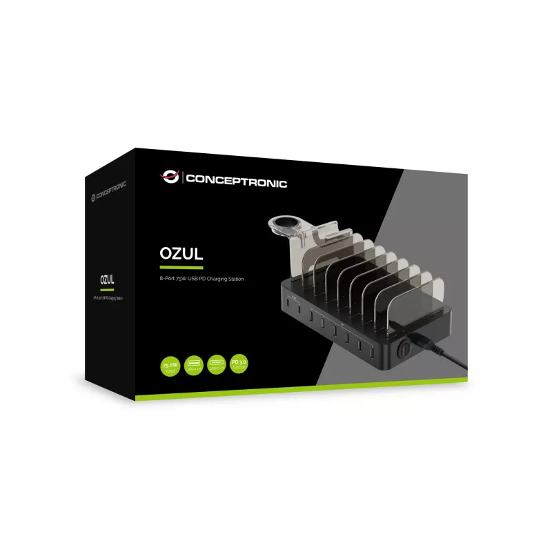 Conceptronic OZUL 8 prievadų 75 W USB PD įkrovimo stotelė, vidaus, kintamoji srovė, 12 V, juoda