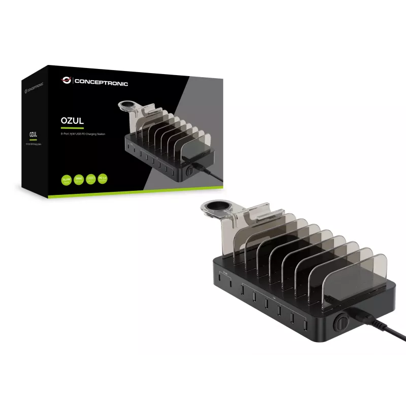 Conceptronic OZUL 8 prievadų 75 W USB PD įkrovimo stotelė, vidaus, kintamoji srovė, 12 V, juoda