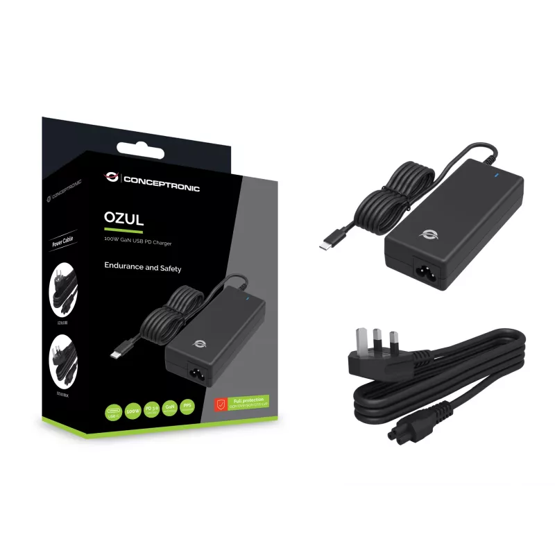 Conceptronic OZUL03BUK 100W GaN darbalaukio USB PD įkroviklis, integruotas USB-C laidas, UK kištukas