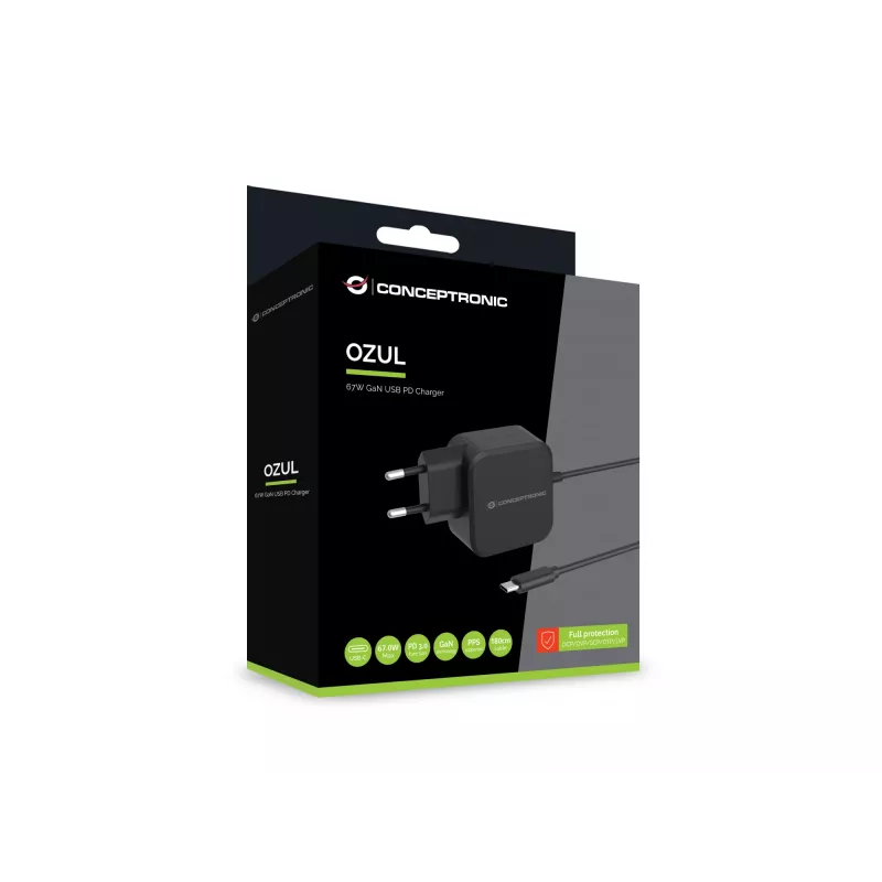 Conceptronic OZUL04BE 67W GaN USB PD įkroviklis, su įmontuotu USB-C laidu