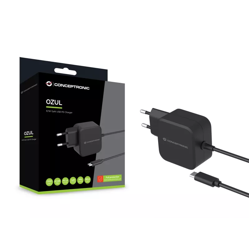 Conceptronic OZUL04BE 67W GaN USB PD įkroviklis, su įmontuotu USB-C laidu