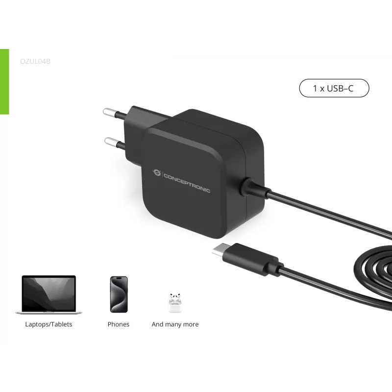 Conceptronic OZUL04BE 67W GaN USB PD įkroviklis, su įmontuotu USB-C laidu