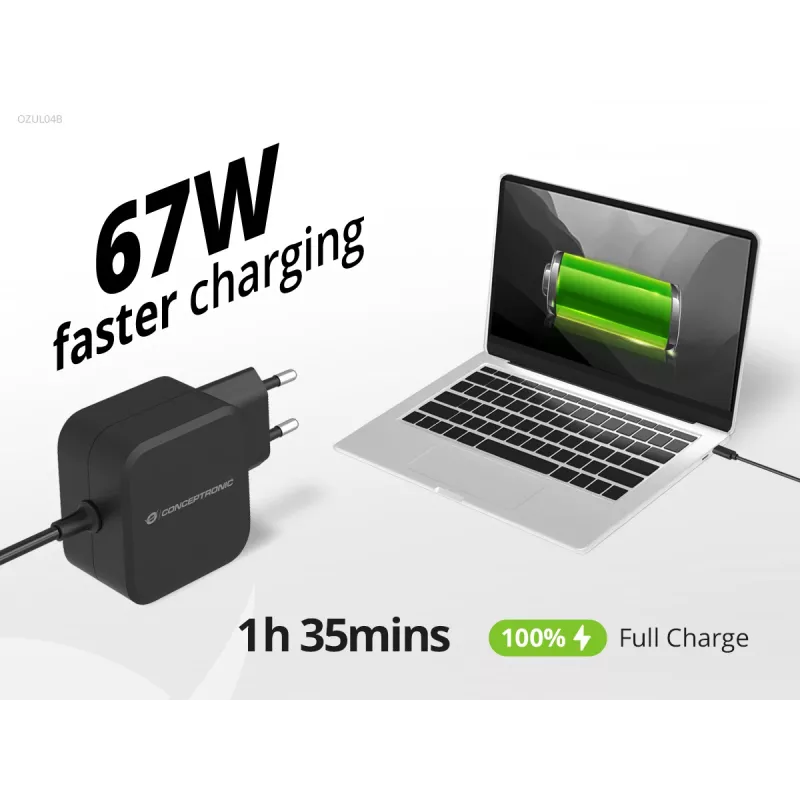 Conceptronic OZUL04BE 67W GaN USB PD įkroviklis, su įmontuotu USB-C laidu