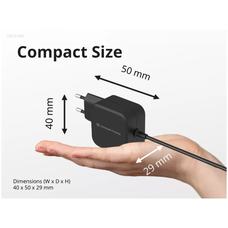 Conceptronic OZUL04BE 67W GaN USB PD įkroviklis, su įmontuotu USB-C laidu