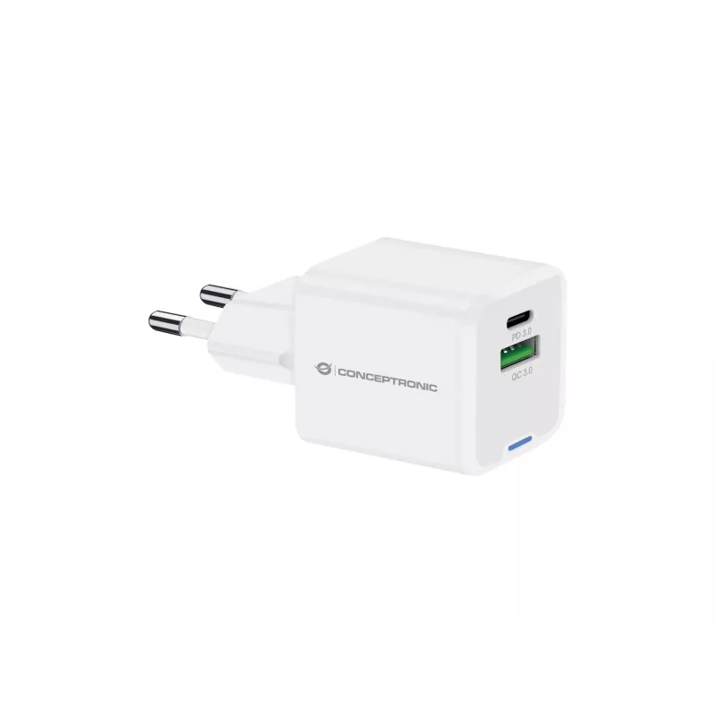 Conceptronic 2 prievadų 20W GaN USB PD įkroviklis, USB-C x 1, USB-A x 1, QC 3.0, PPS