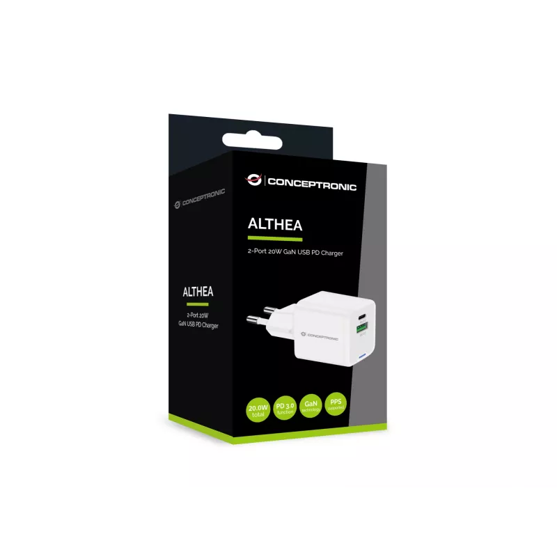 Conceptronic 2 prievadų 20W GaN USB PD įkroviklis, USB-C x 1, USB-A x 1, QC 3.0, PPS